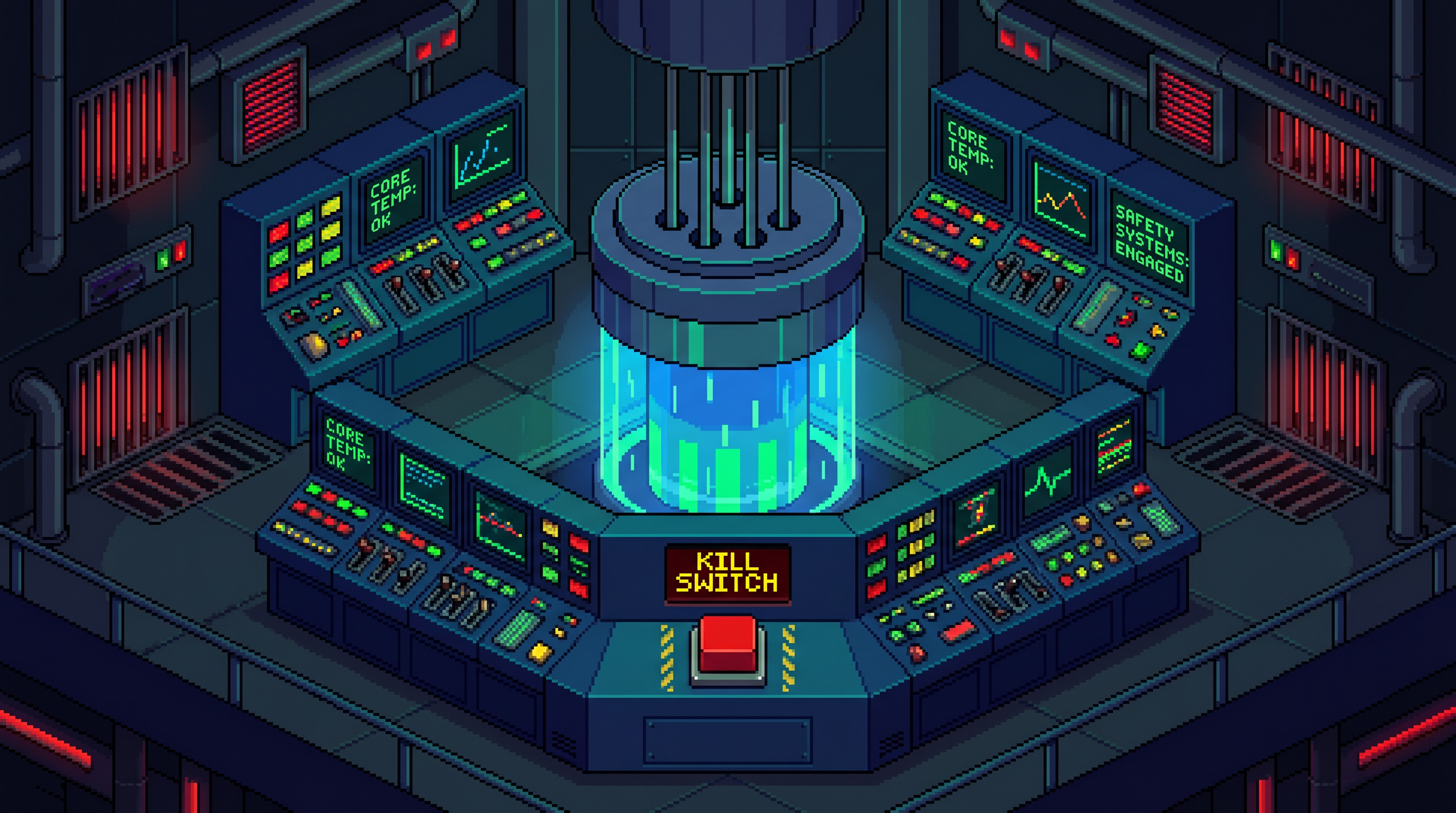 Sala de control pixel art de IDFOR con reactor y kill switch